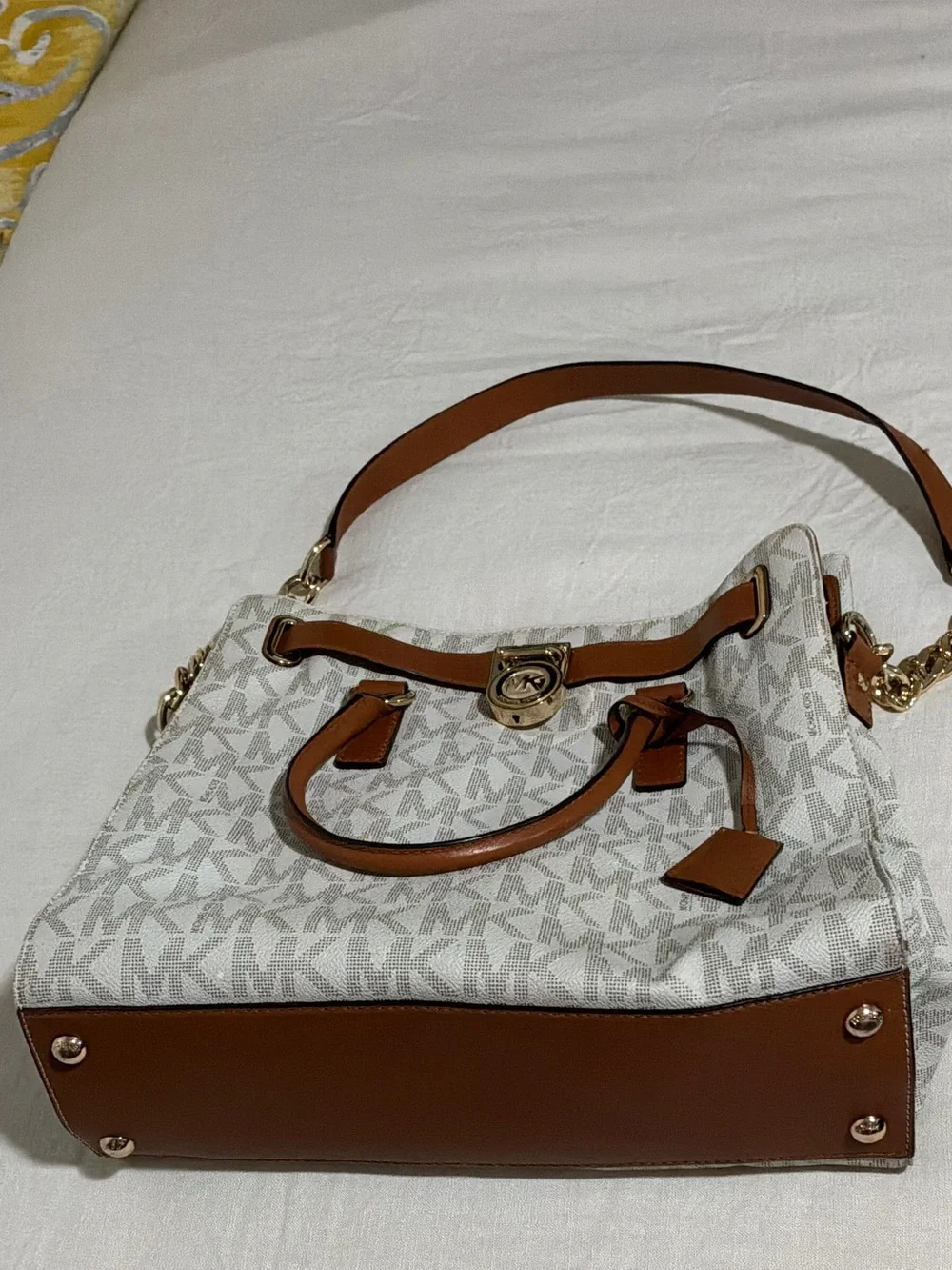 Michael Kors Cream and Brown MK Signature Tote with Gold Hardware